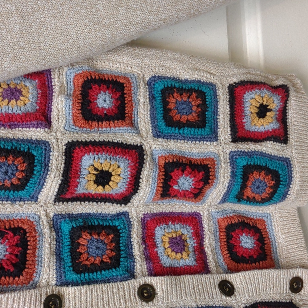 Alfred Dunner Vintage Crochet Granny Square Beige Ramie Cotton Knit Cardigan PXL - Picture 11 of 16